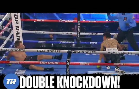 Rare double knockdown in Las Vegas (video)