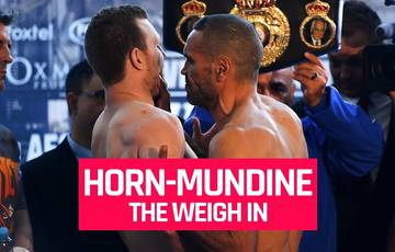 Mundine grabbed Horn by the throat at the weigh-in (video)