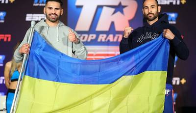 Ramirez and Pedraza at the press conference with the Ukrainian flag