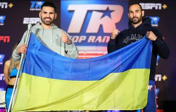 Ramirez and Pedraza at the press conference with the Ukrainian flag