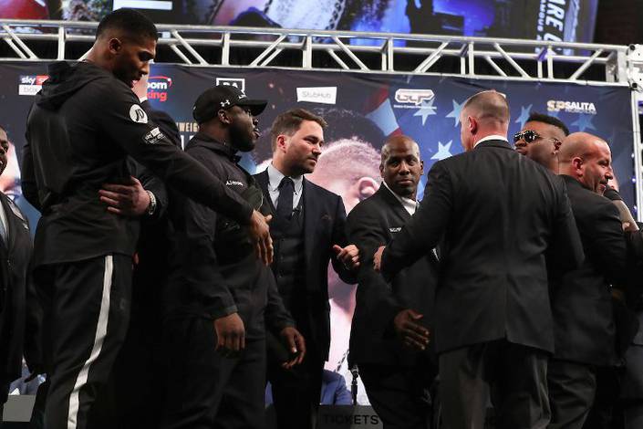 Anthony Joshua and Jarrell Miller almost get into a brawl at the first presser