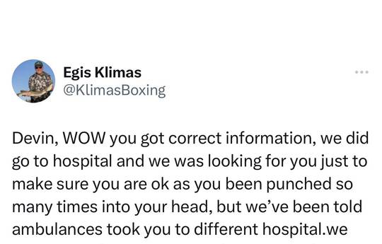Klimas answered Haney about the "hospital" after the fight