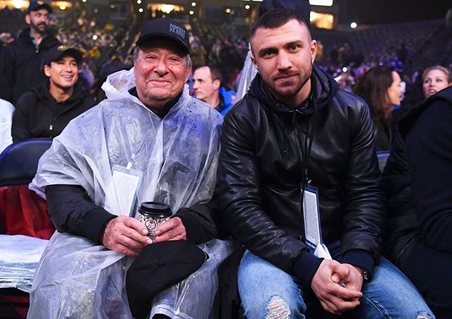 Bob Arum and Vasily Lomachenko at the Oscar Valdez - Scott Quigg on March 10 in Carson, California, held in the pouring rain