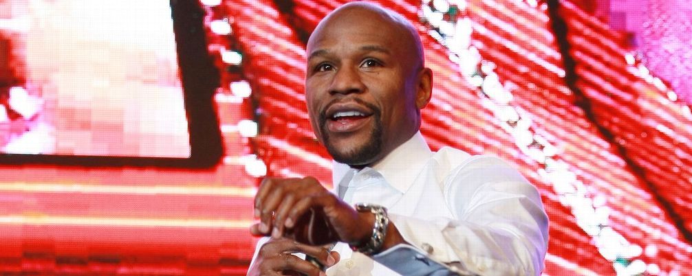 Mayweather Jr. on stage during the event in Birmingham