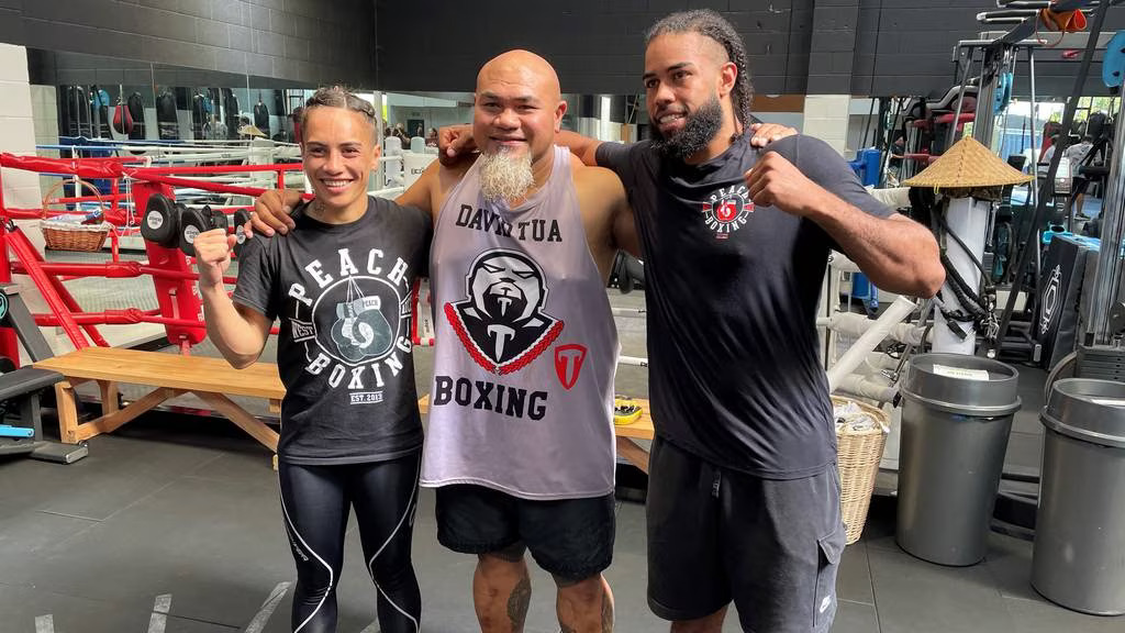Mea Motu, David Tua and Jerome Pampellone at Tua's Gym in Onehung, Australia after a workout. Photo - 1News