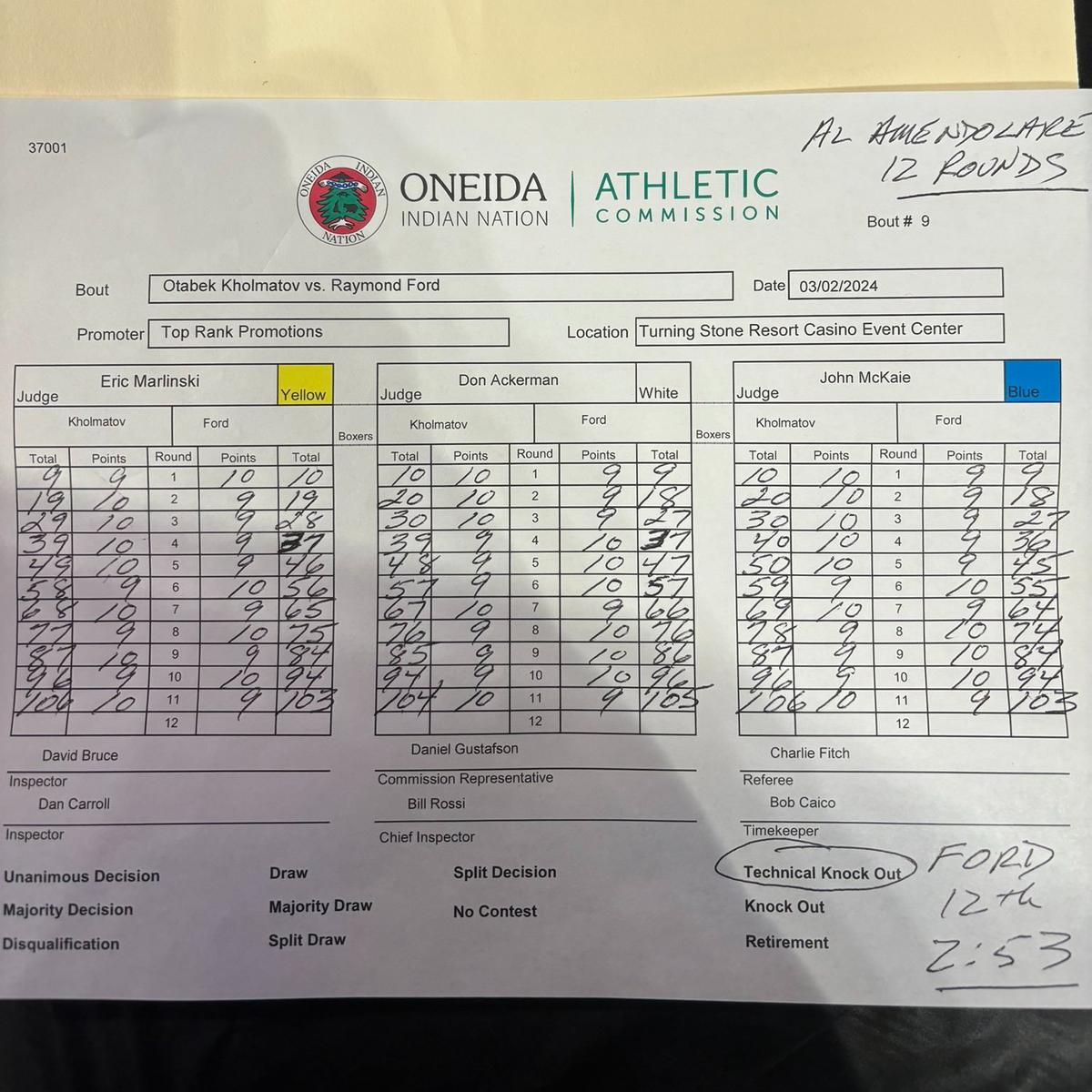 Judges' notes from the Raymond Ford vs Otabek Kholmatov fight
