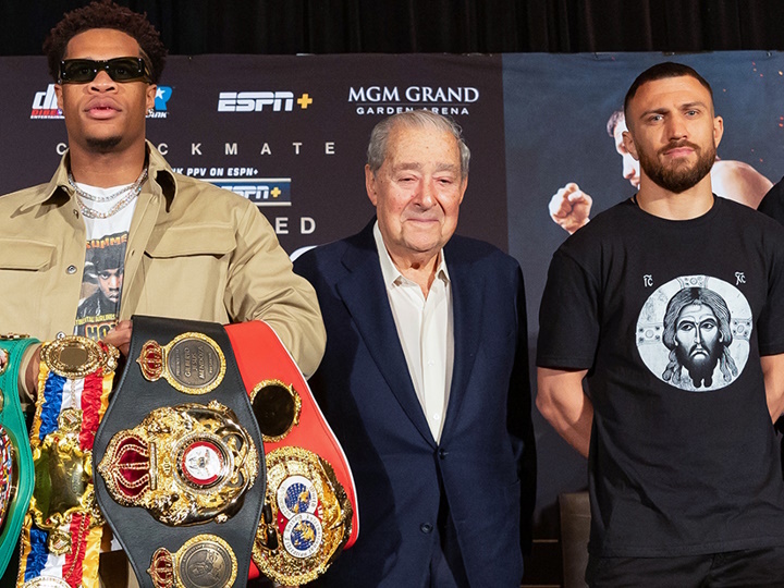 Devin Haney, Bob Arum and Vasily Lomachenko. Photo - Mikey Williams